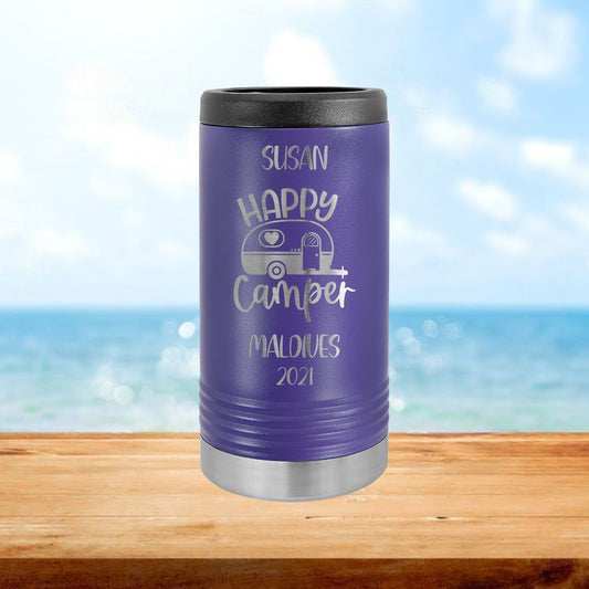 Personalized Happy Camper Vacation Skinny Can Cooler - Laser Engraved