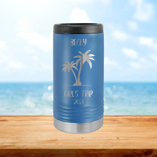 Personalized Tropical Palm Tree Vacation Skinny Can Cooler - Laser Engraved