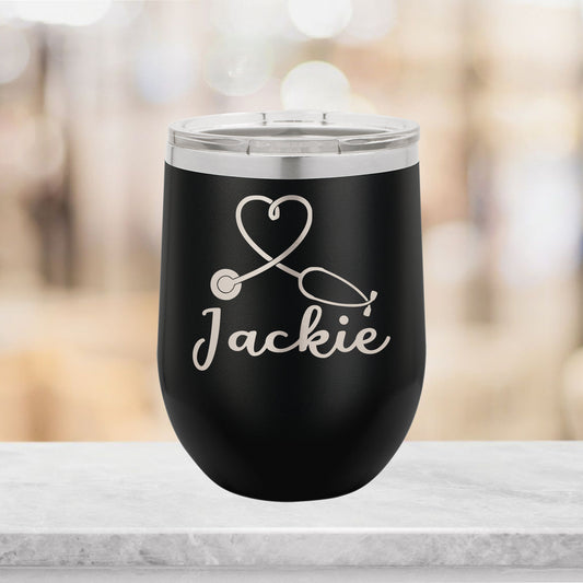 Personalized Nurse Heart Stethoscope Wine Tumbler - Laser Engraved