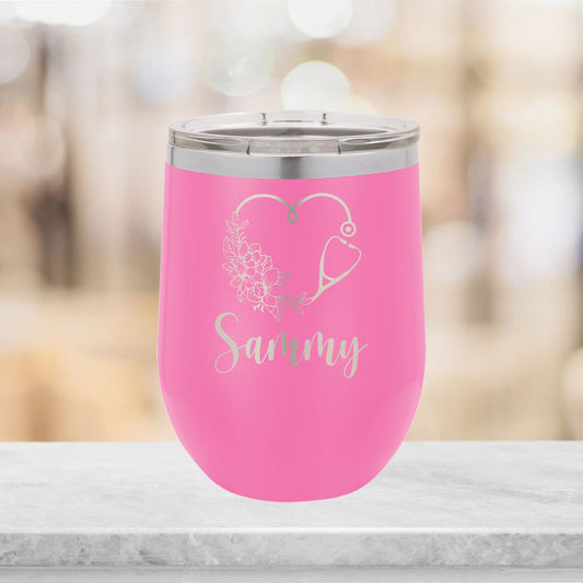 Personalized Floral Heart Stethoscope Wine Tumbler - Laser Engraved