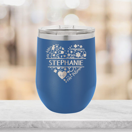 Personalized Nurse Heart Split Monogram Wine Tumbler - Laser Engraved