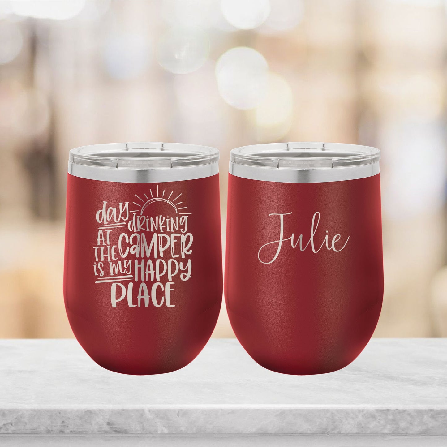 Personalized Day Drinking at the Camper is my Happy Place Vacation Wine Tumbler - Laser Engraved