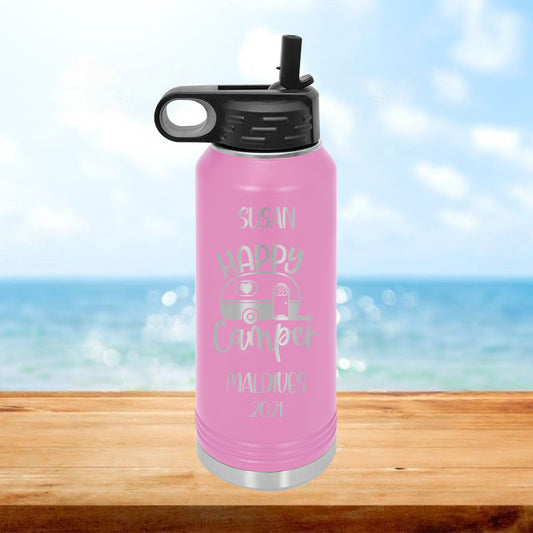 Personalized Happy Camper Vacation Water Bottle - Laser Engraved