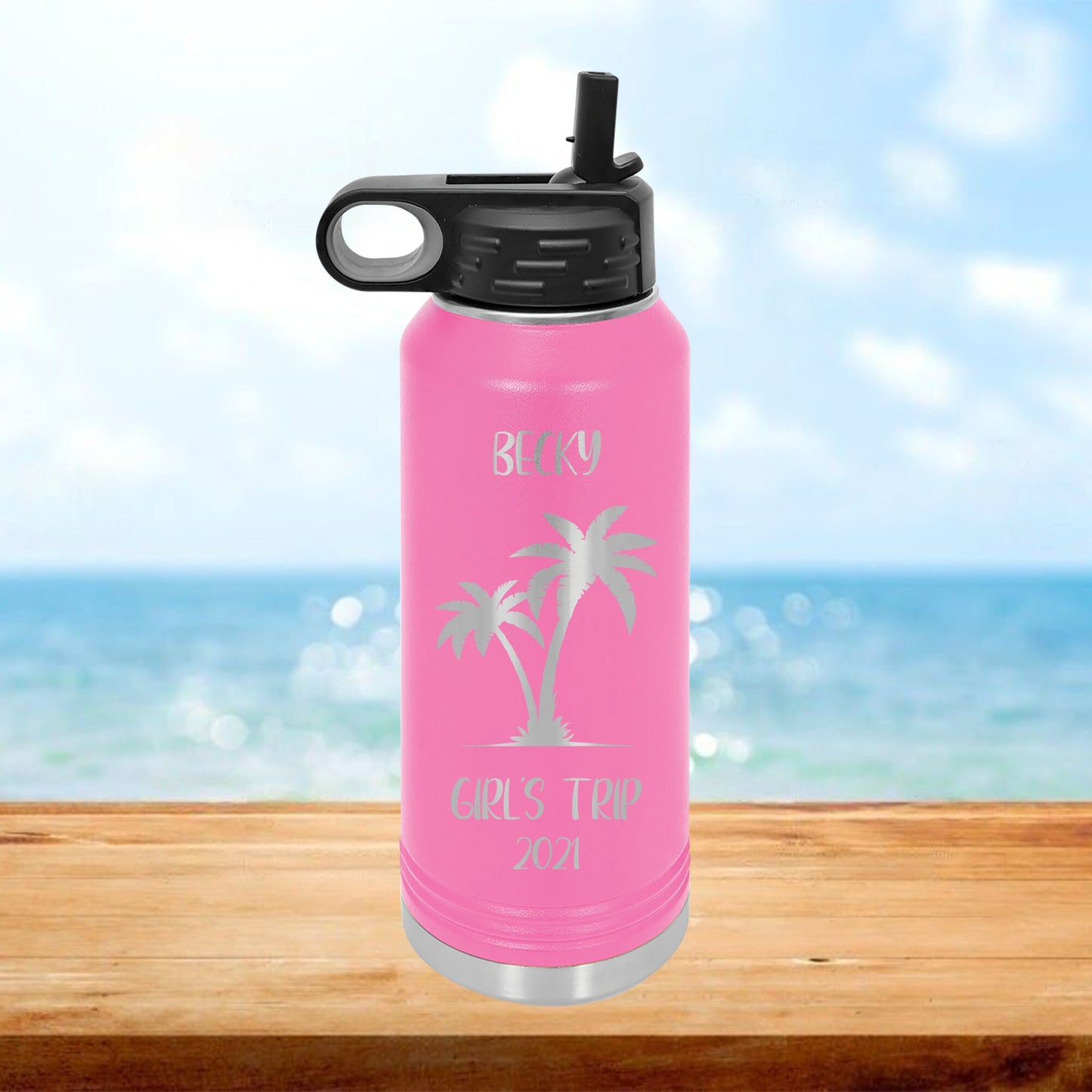 Personalized Tropical Palm Tree Vacation Water Bottle - Laser Engraved