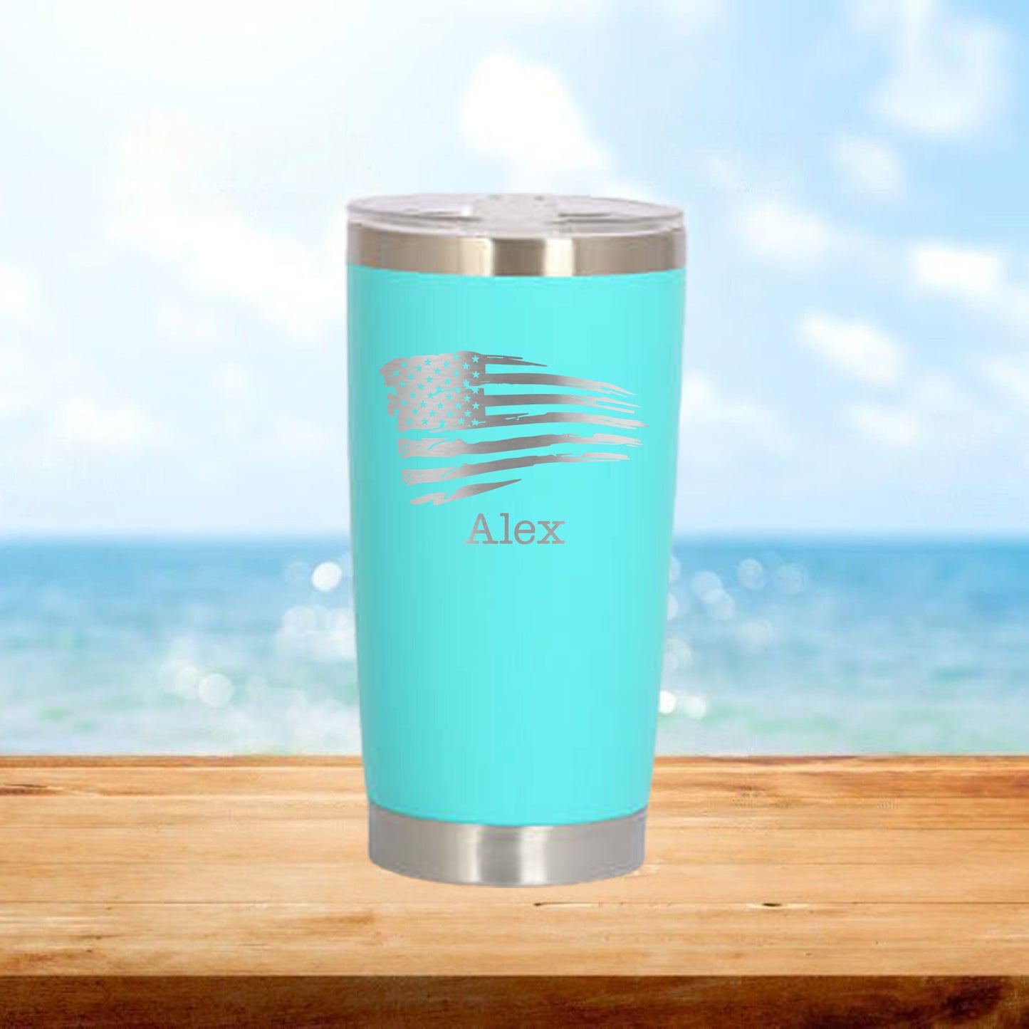 Personalized Distressed American Flag Travel Tumbler - Laser Engraved