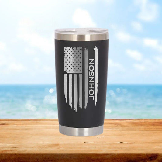 Personalized Long American Flag Travel Tumbler - Laser Engraved