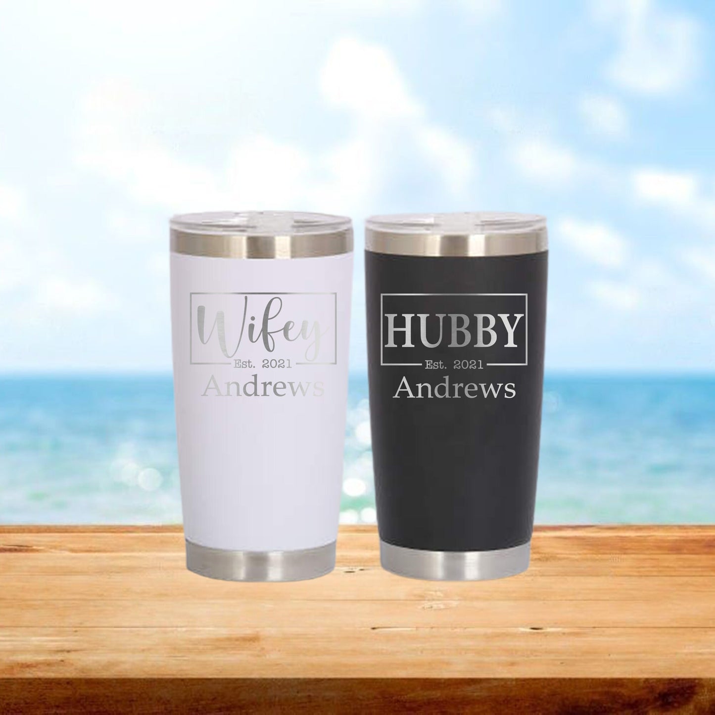 Personalized Hubby and Wifey Travel Tumbler - Laser Engraved