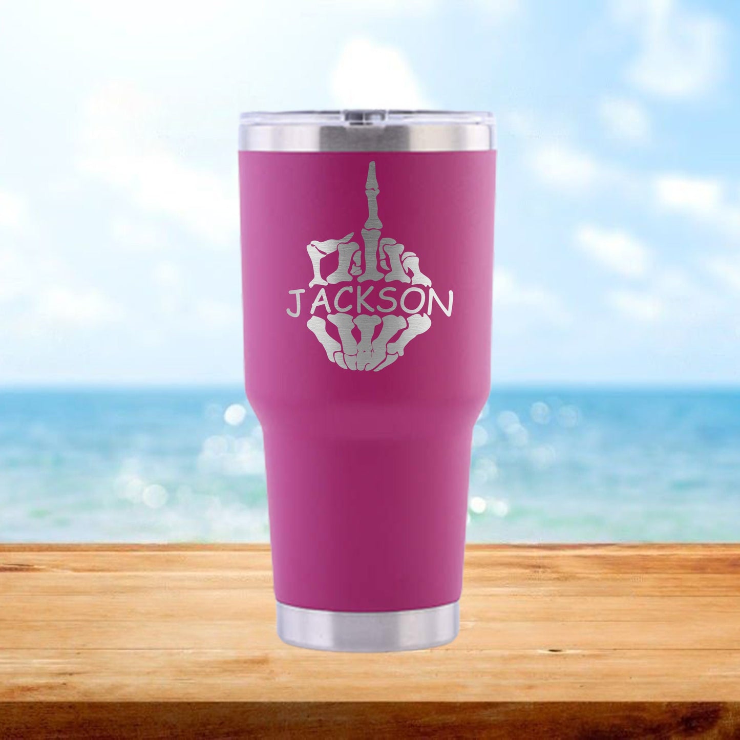 Personalized Skeleton Middle Finger Travel Tumbler - Laser Engraved