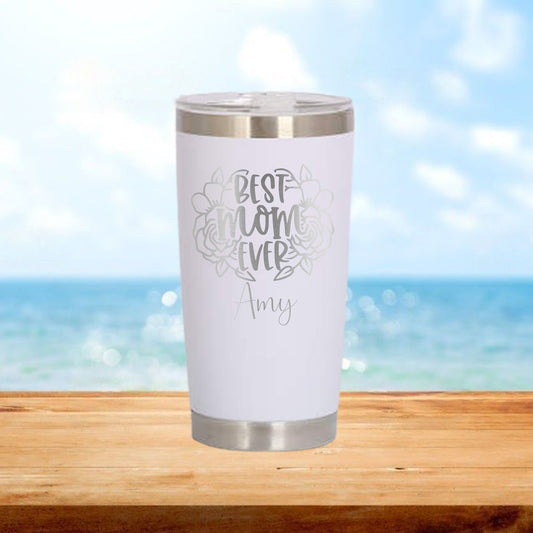 Personalized Floral Best Mom Ever Travel Tumbler - Laser Engraved