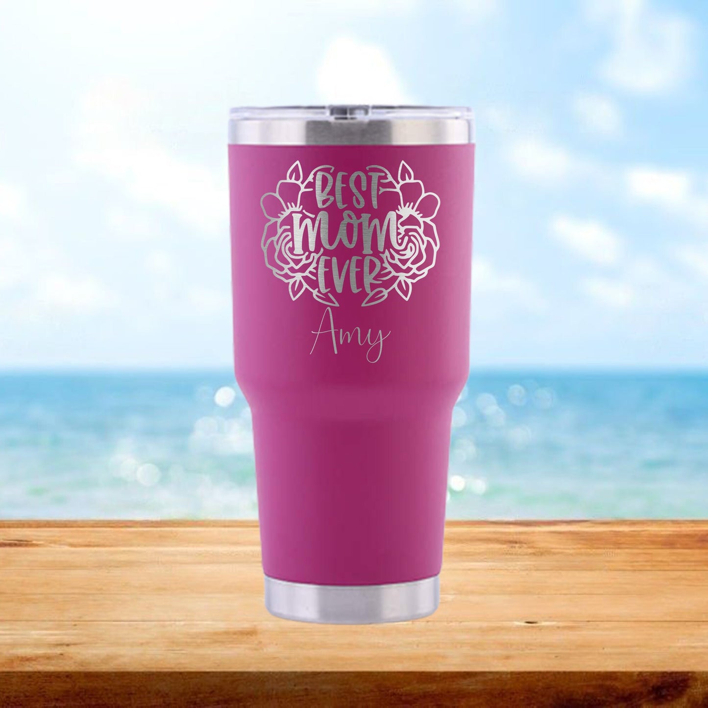 Personalized Floral Best Mom Ever Travel Tumbler - Laser Engraved