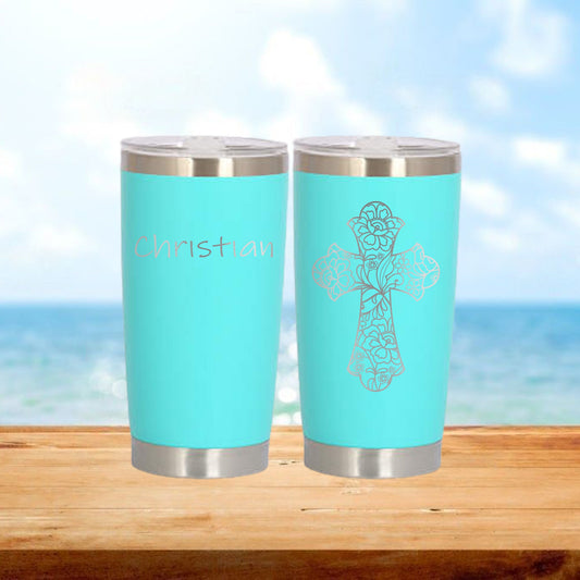 Personalized Floral Christian Cross Travel Tumbler - Laser Engraved