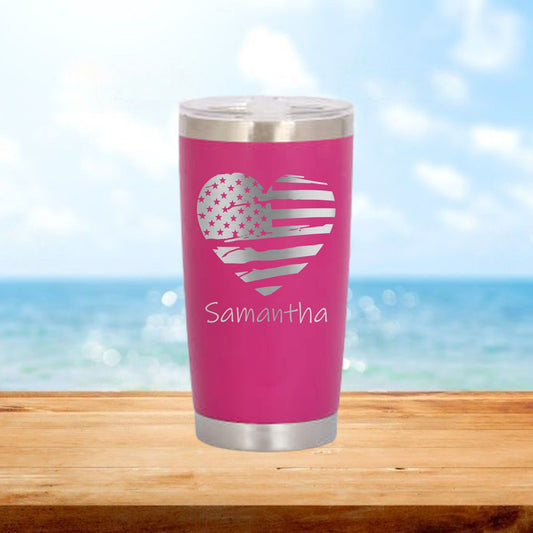 Personalized American Flag Heart Travel Tumbler - Laser Engraved