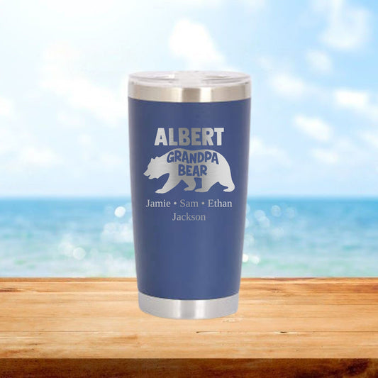 Personalized Grandpa Bear with Kids' Names Travel Tumbler - Laser Engraved