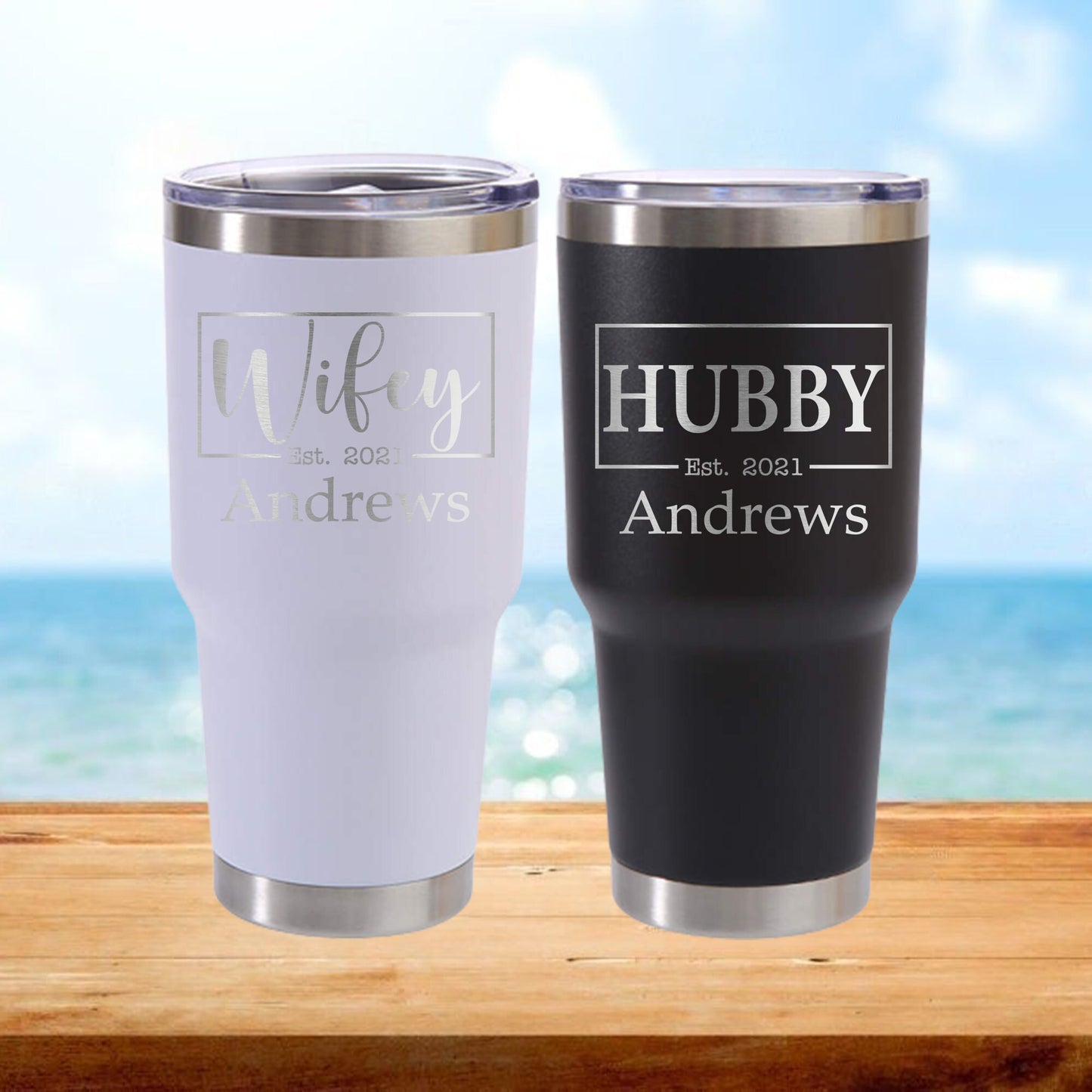 Personalized Hubby and Wifey Travel Tumbler - Laser Engraved