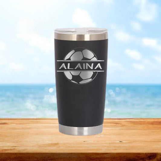 Personalized Soccer Split Monogram Travel Tumbler - Laser Engraved