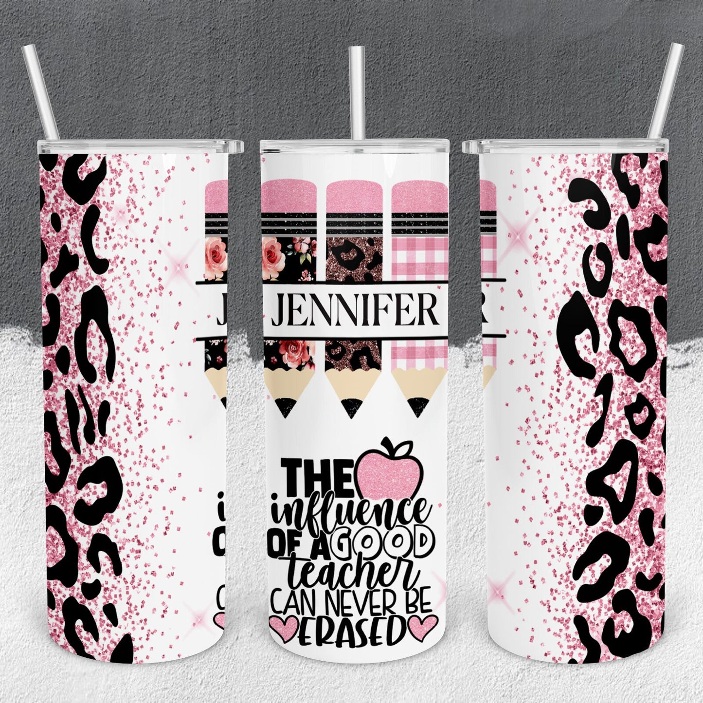 Personalized Teacher Pencil Split Monogram Pink Cheetah Print Tumbler - Sublimated