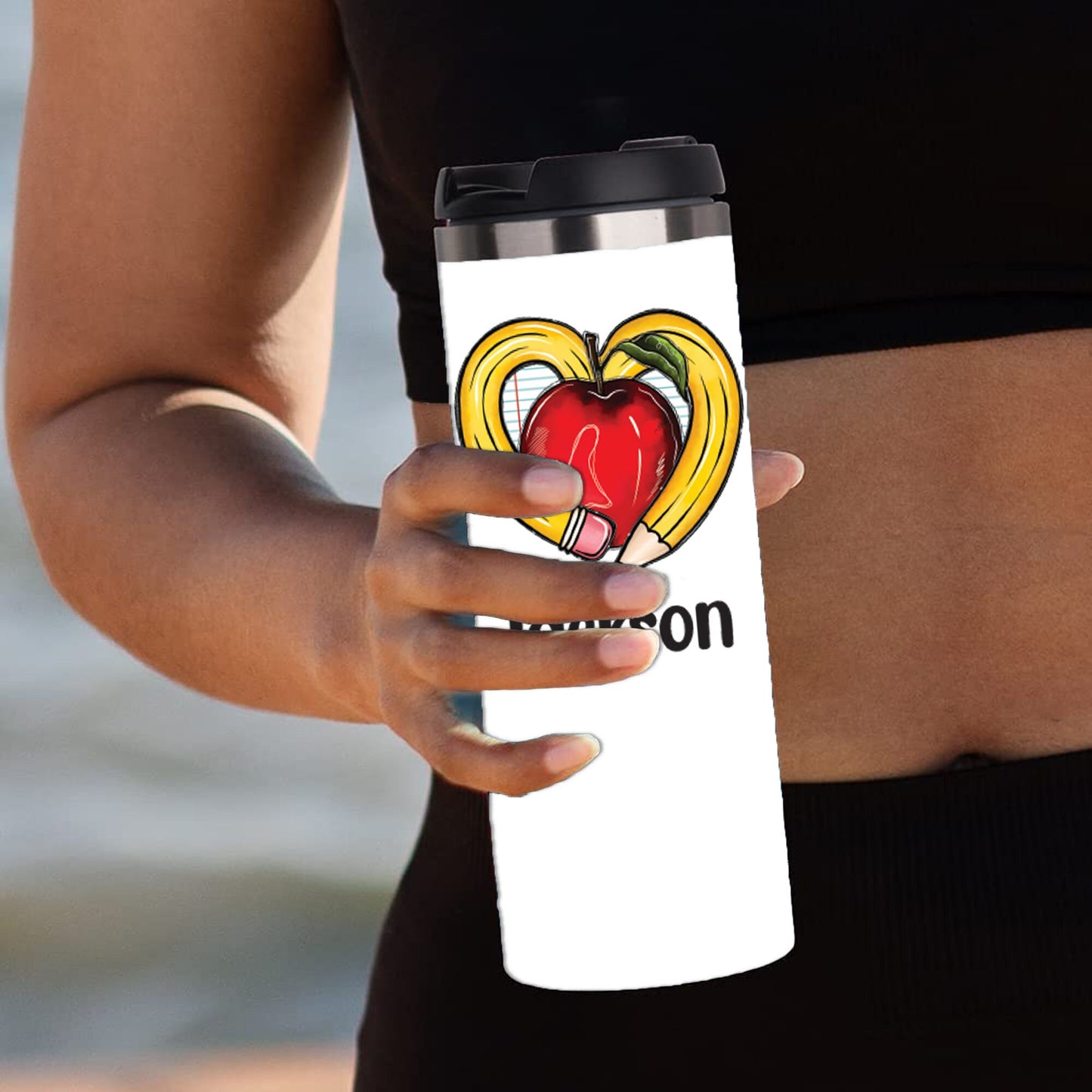 Personalized Teacher Apple and Pencil Heart Shape Tumbler - Sublimated