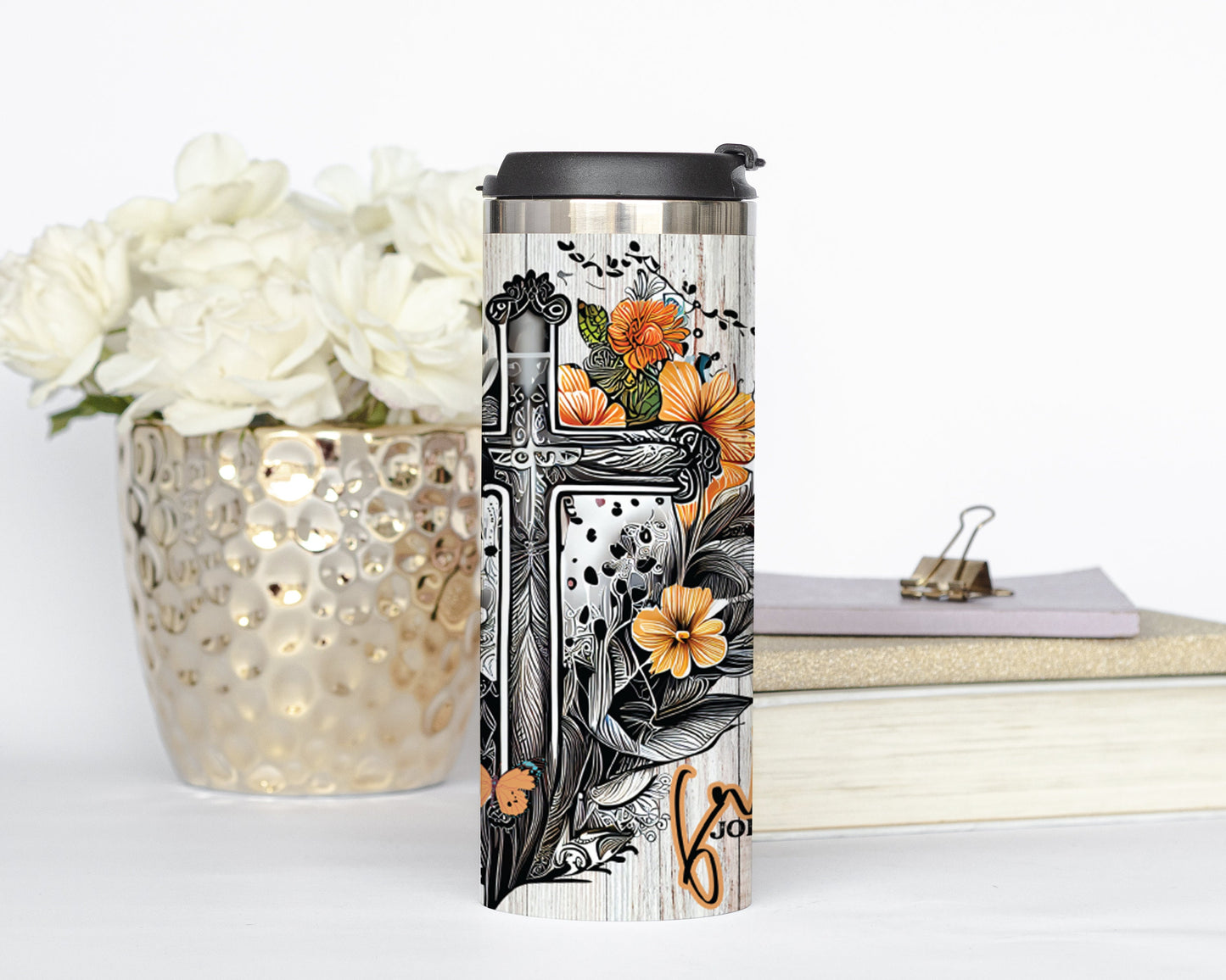 Personalized Floral and Butterfly Christian Cross Tumbler - Sublimated