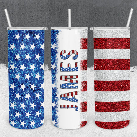 Personalized American Flag Glittery Tumbler - Sublimated