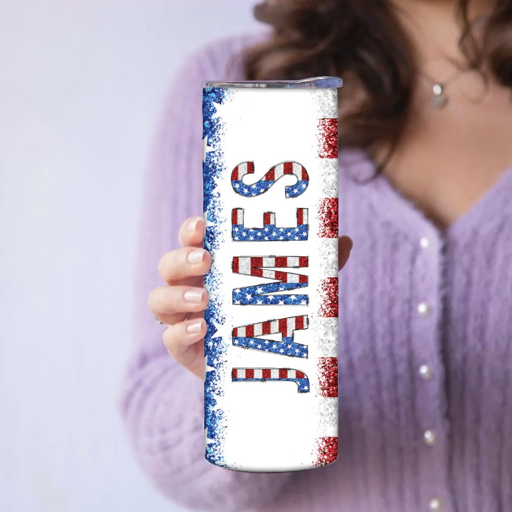 Personalized American Flag Glittery Tumbler - Sublimated