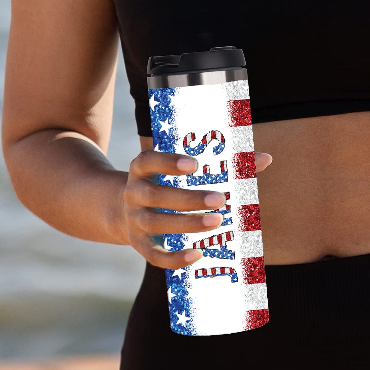 Personalized American Flag Glittery Tumbler - Sublimated