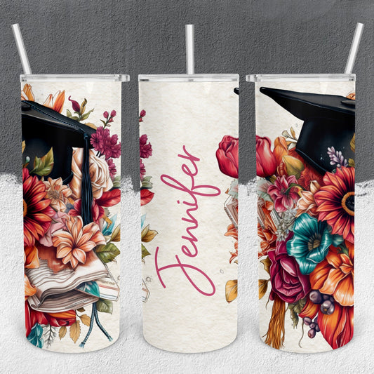 Personalized Floral Graduation Tumbler - Sublimated