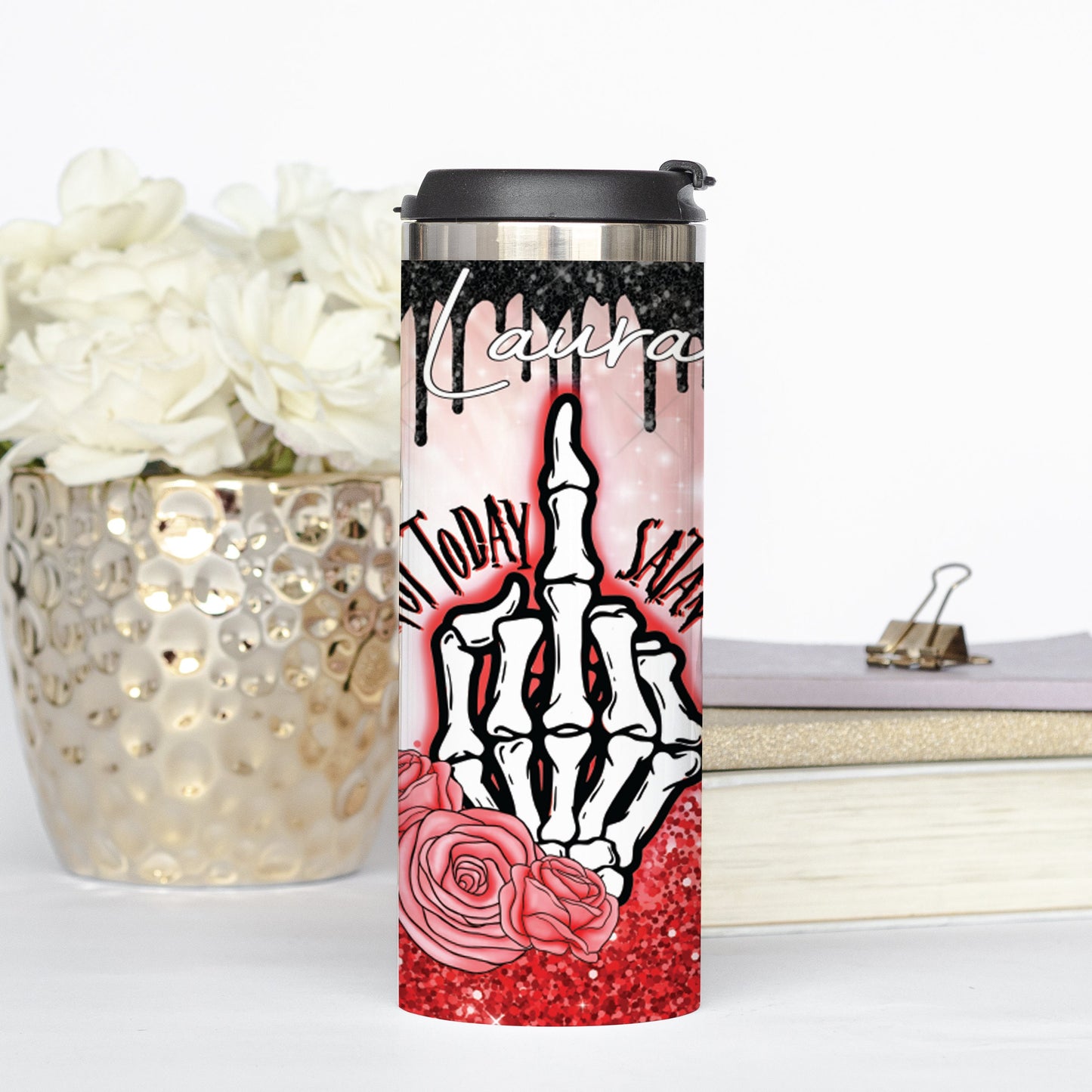 Personalized Not Today Satan Skeleton Middle Finger Tumbler - Sublimated