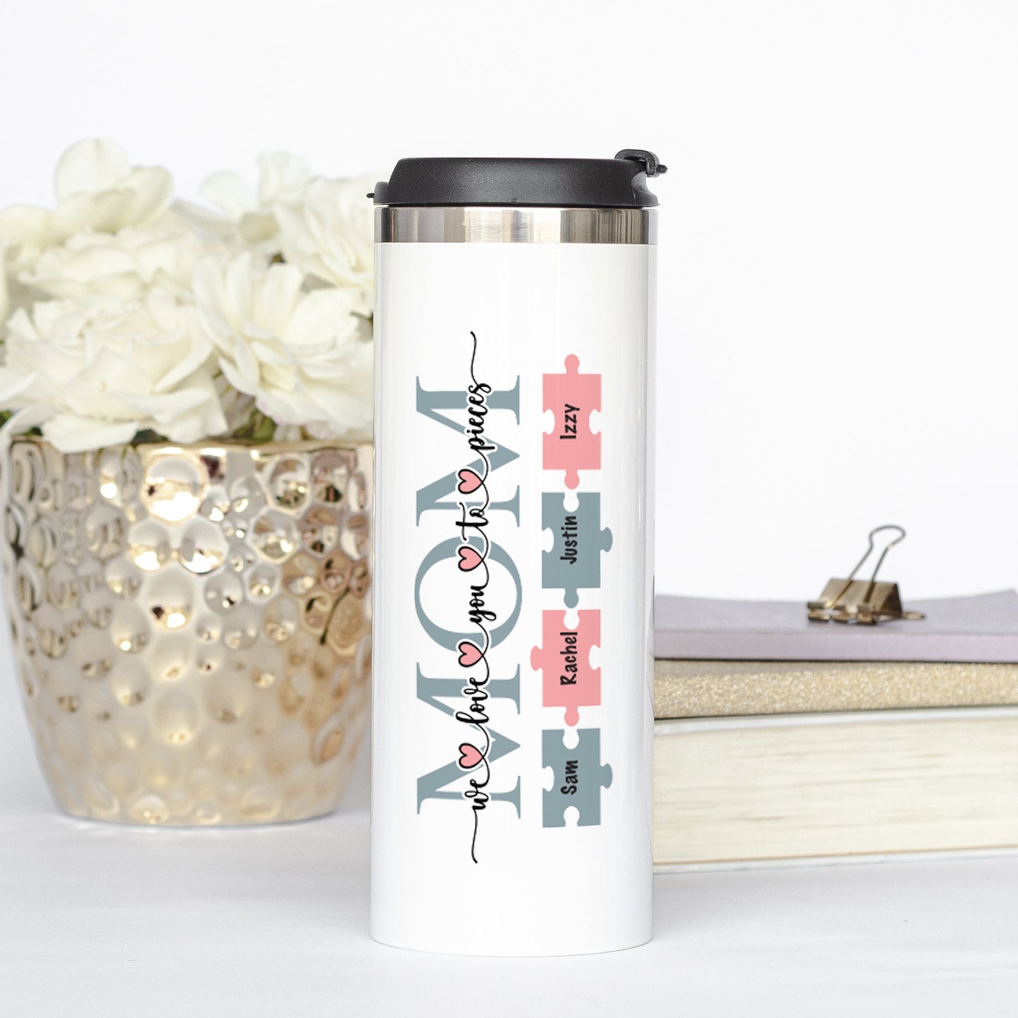 Personalized Mom with Kids' Names on Puzzle Pieces Tumbler - Sublimated