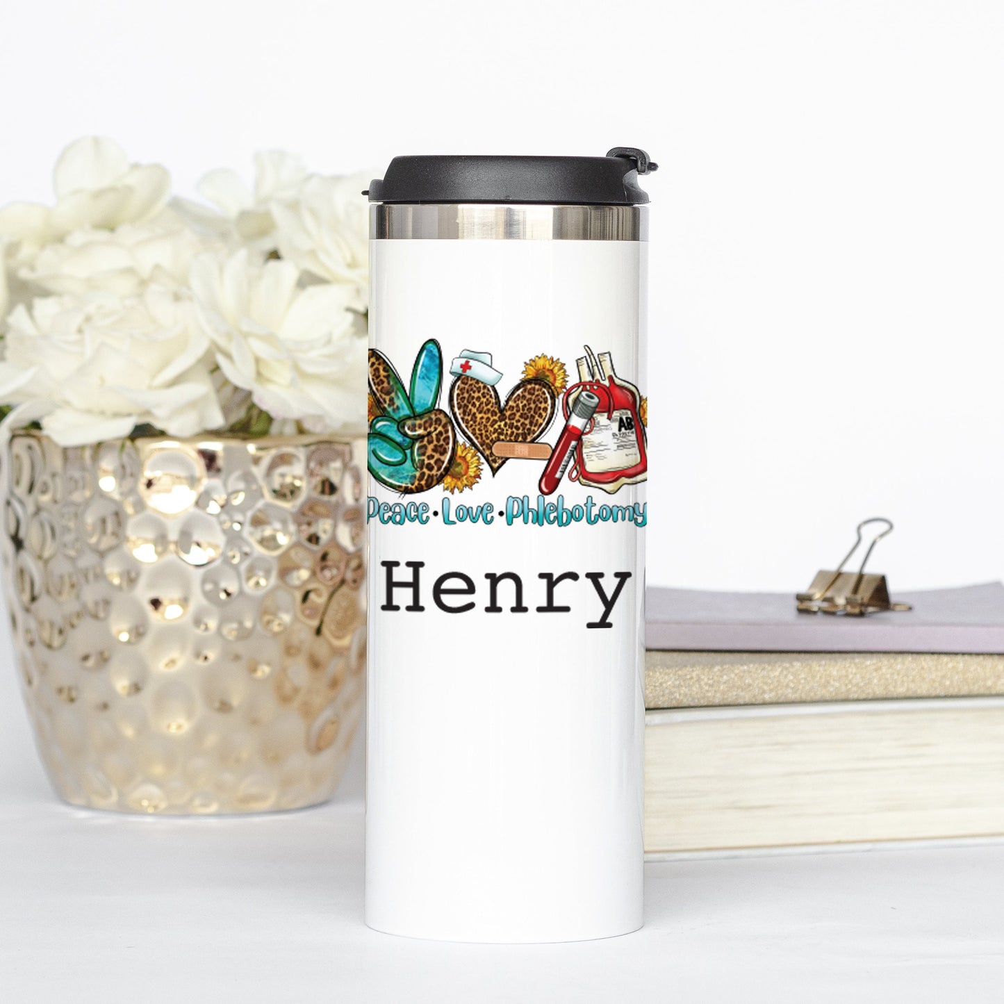 Personalized Peace Love Phlebotomy Tumbler - Sublimated