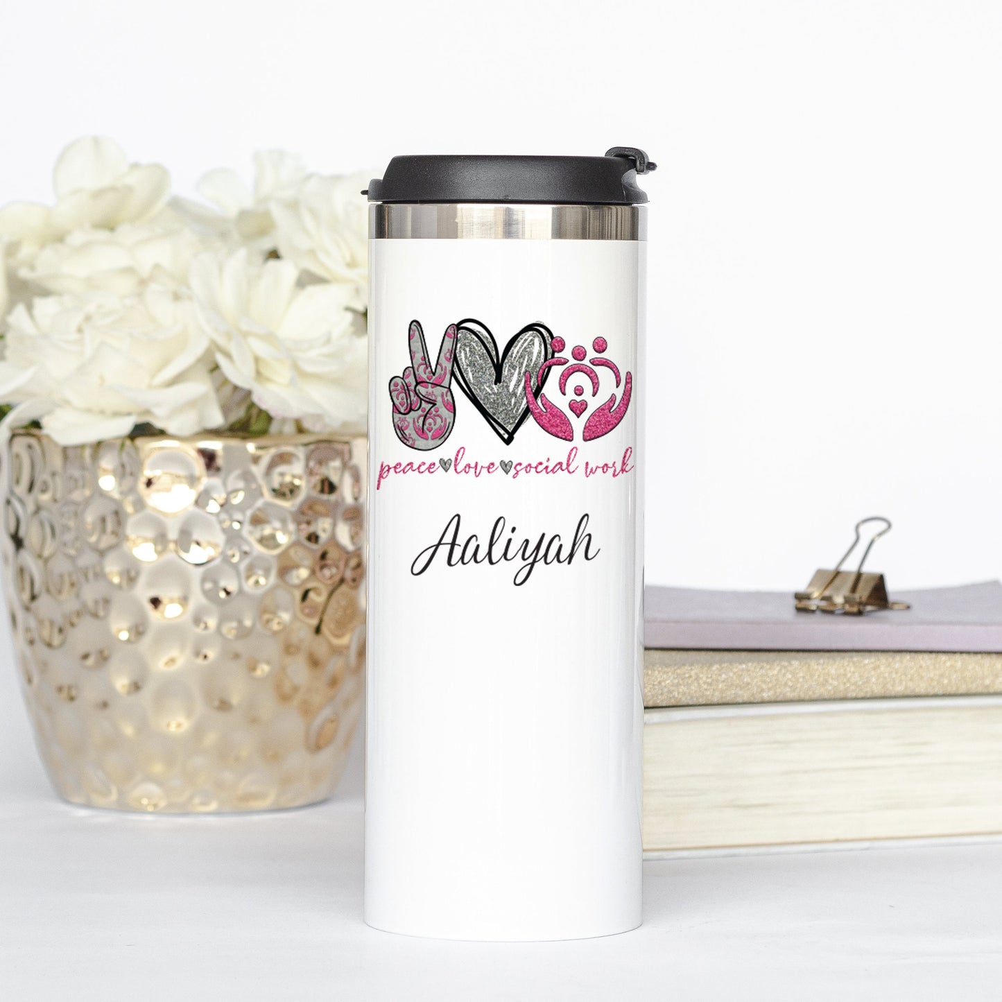 Personalized Peace Love Social Work Tumbler - Sublimated