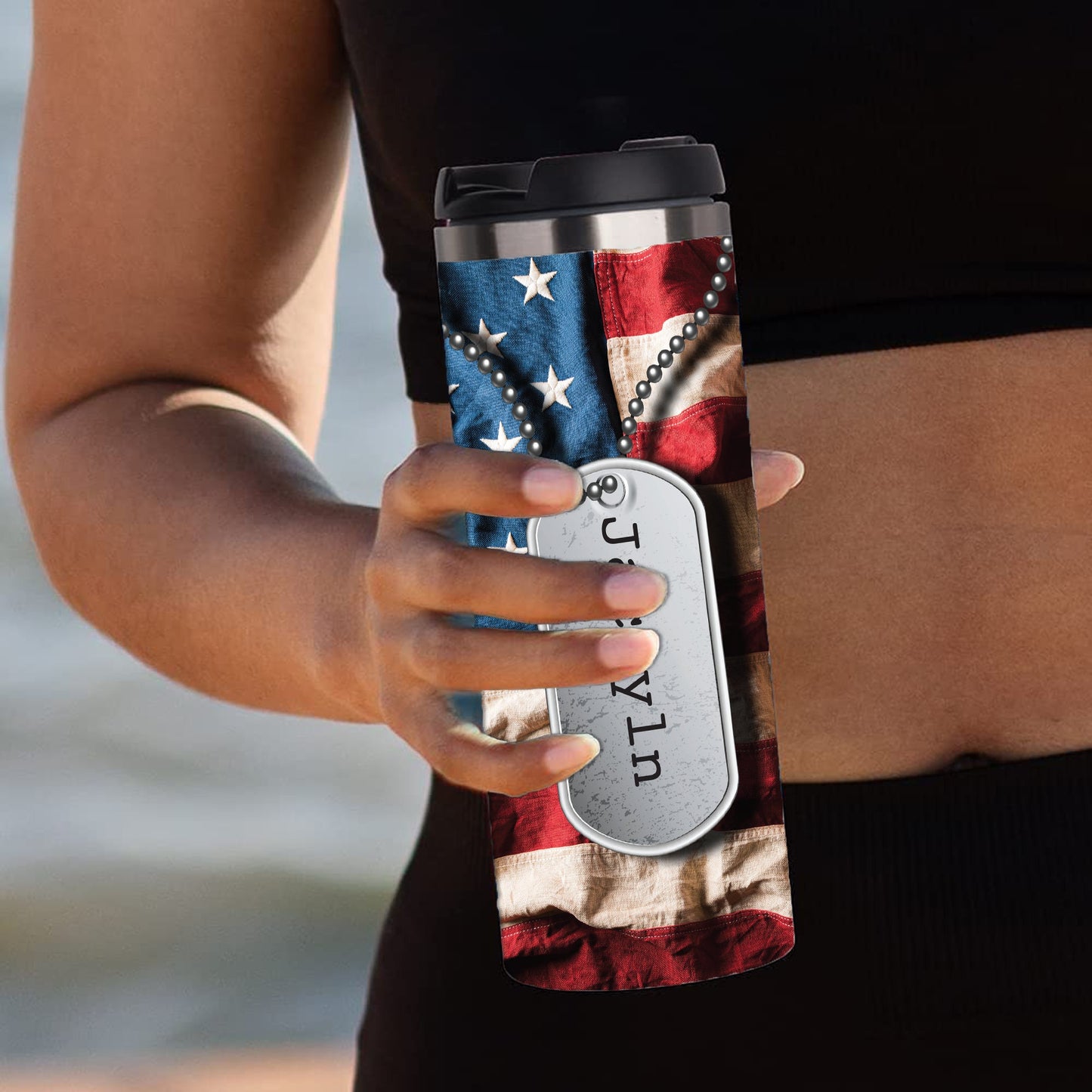 Personalized American Flag with Dog Tag Tumbler - Sublimated