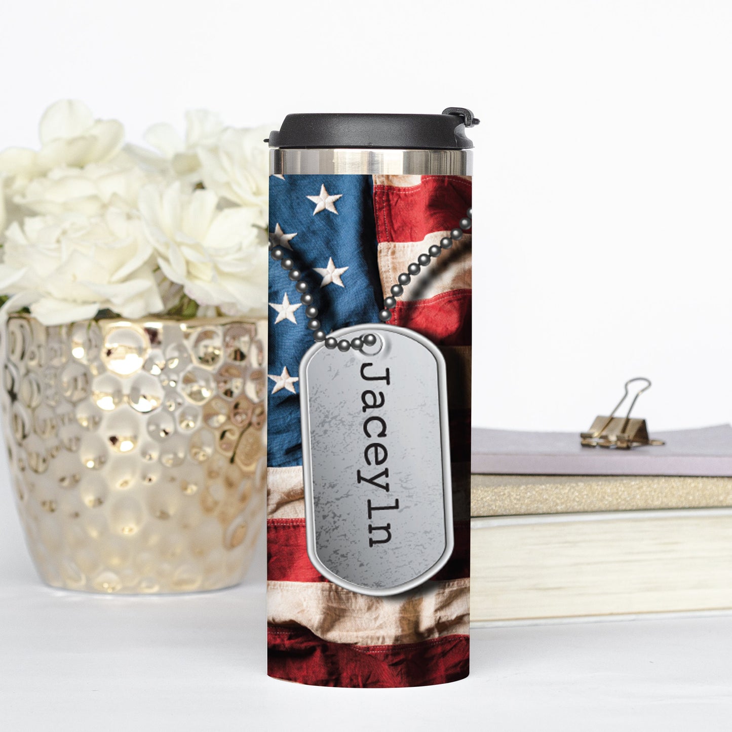 Personalized American Flag with Dog Tag Tumbler - Sublimated