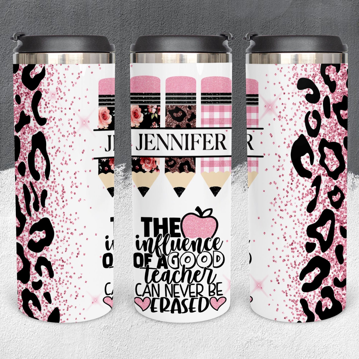 Personalized Teacher Pencil Split Monogram Pink Cheetah Print Tumbler - Sublimated