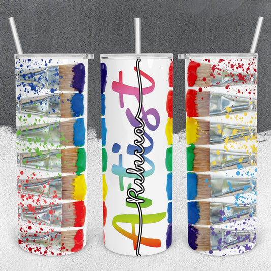 Personalized Artist Rainbow Paint Brush Tumbler - Sublimated