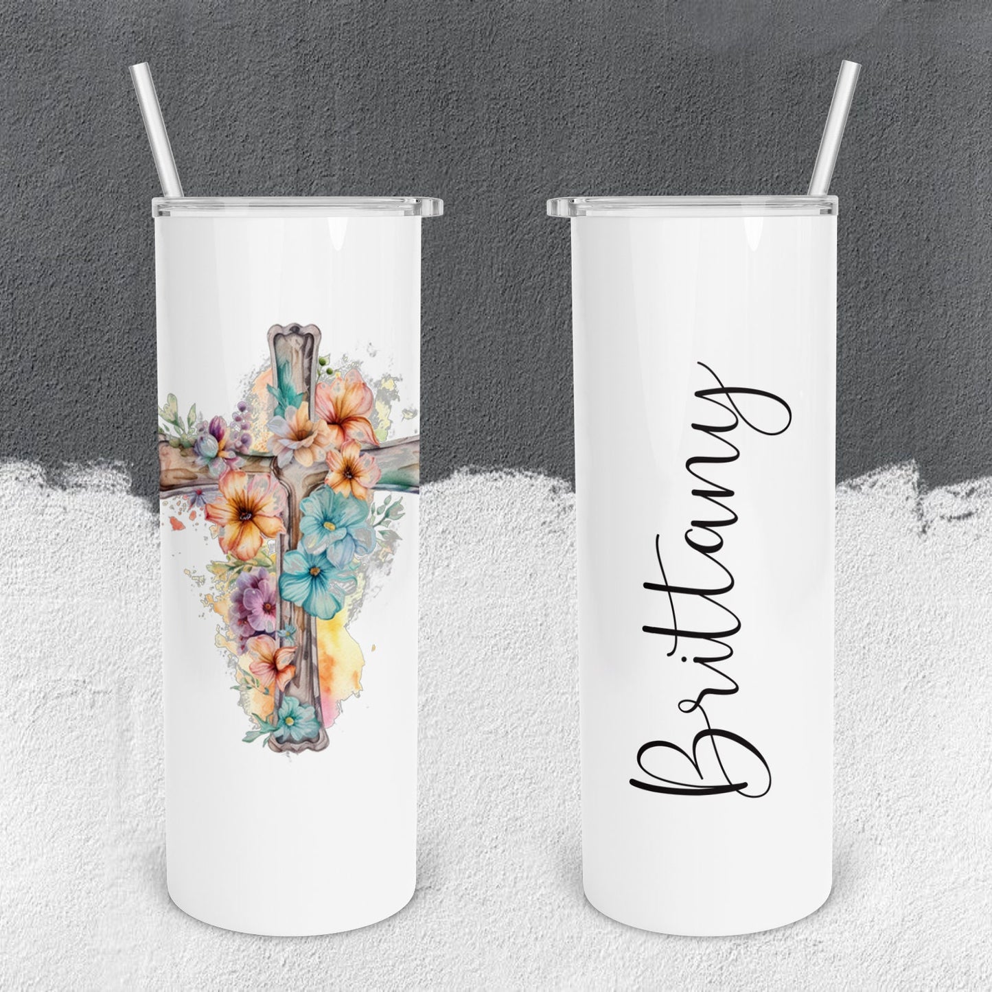 Personalized Floral Faith Cross Tumbler - Sublimated