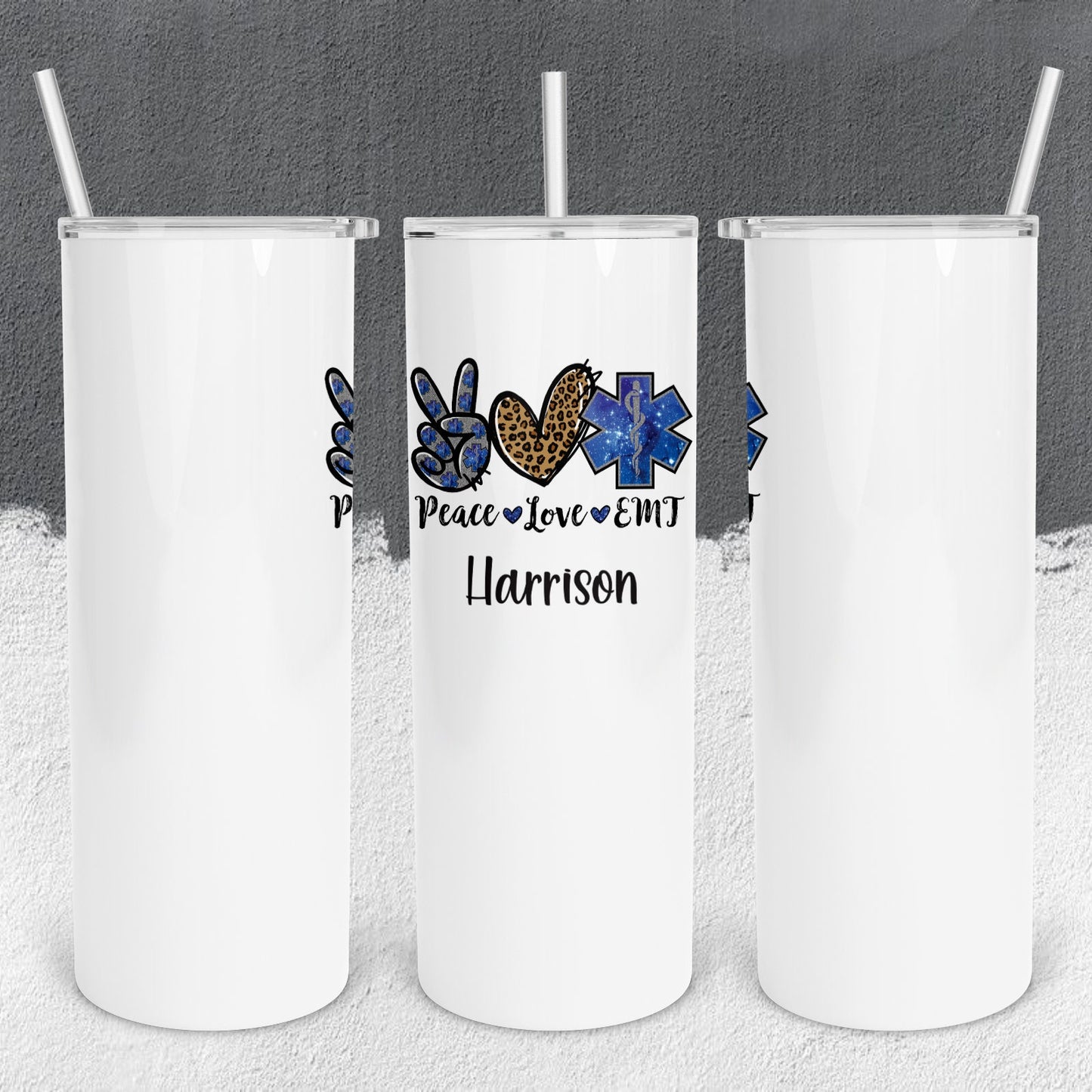 Personalized Peace Love EMT Tumbler - Sublimated