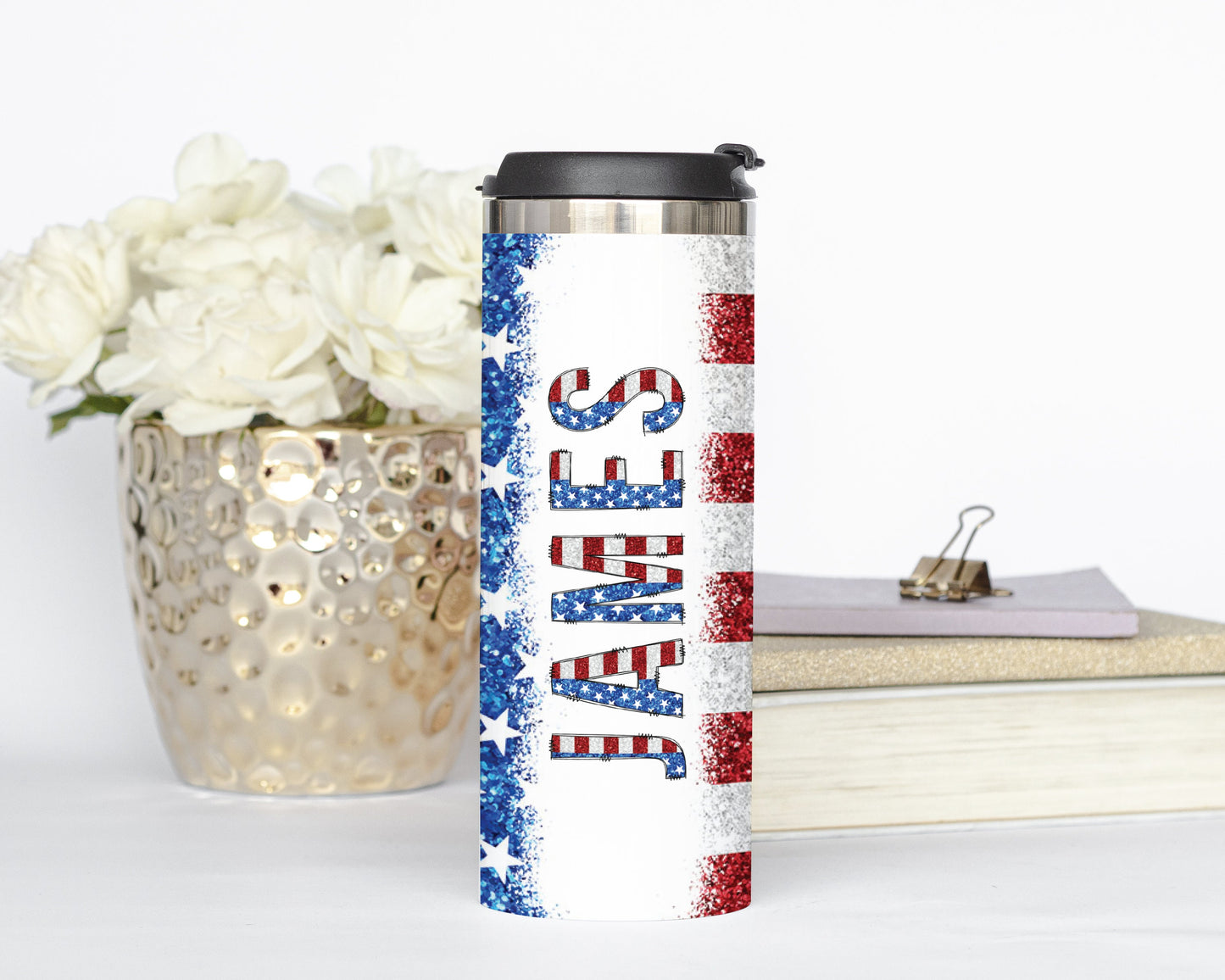 Personalized American Flag Glittery Tumbler - Sublimated