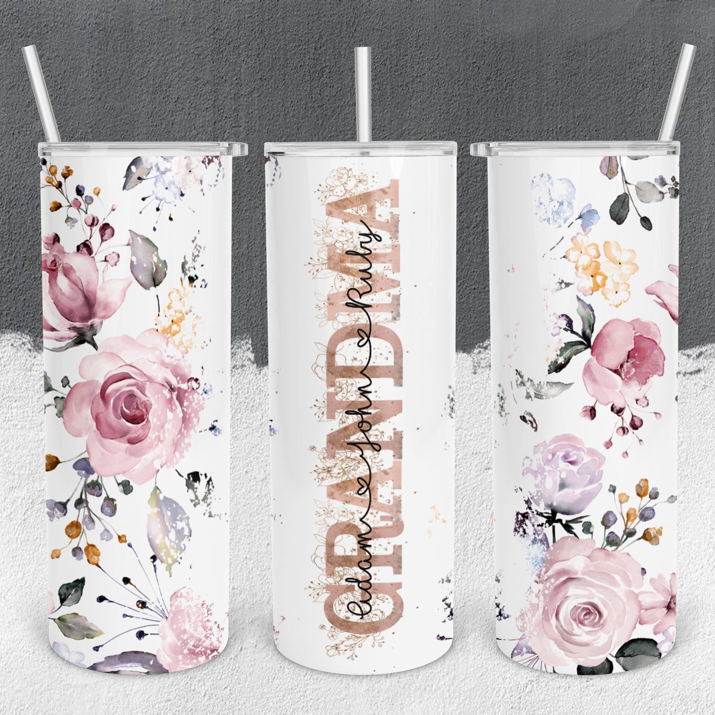 Personalized Floral Grandma with Grandkids' Names Tumbler - Sublimated