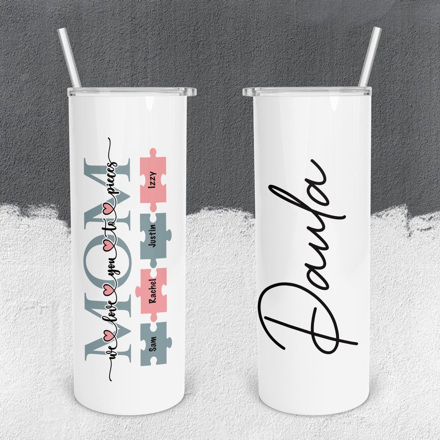 Personalized Mom with Kids' Names on Puzzle Pieces Tumbler - Sublimated