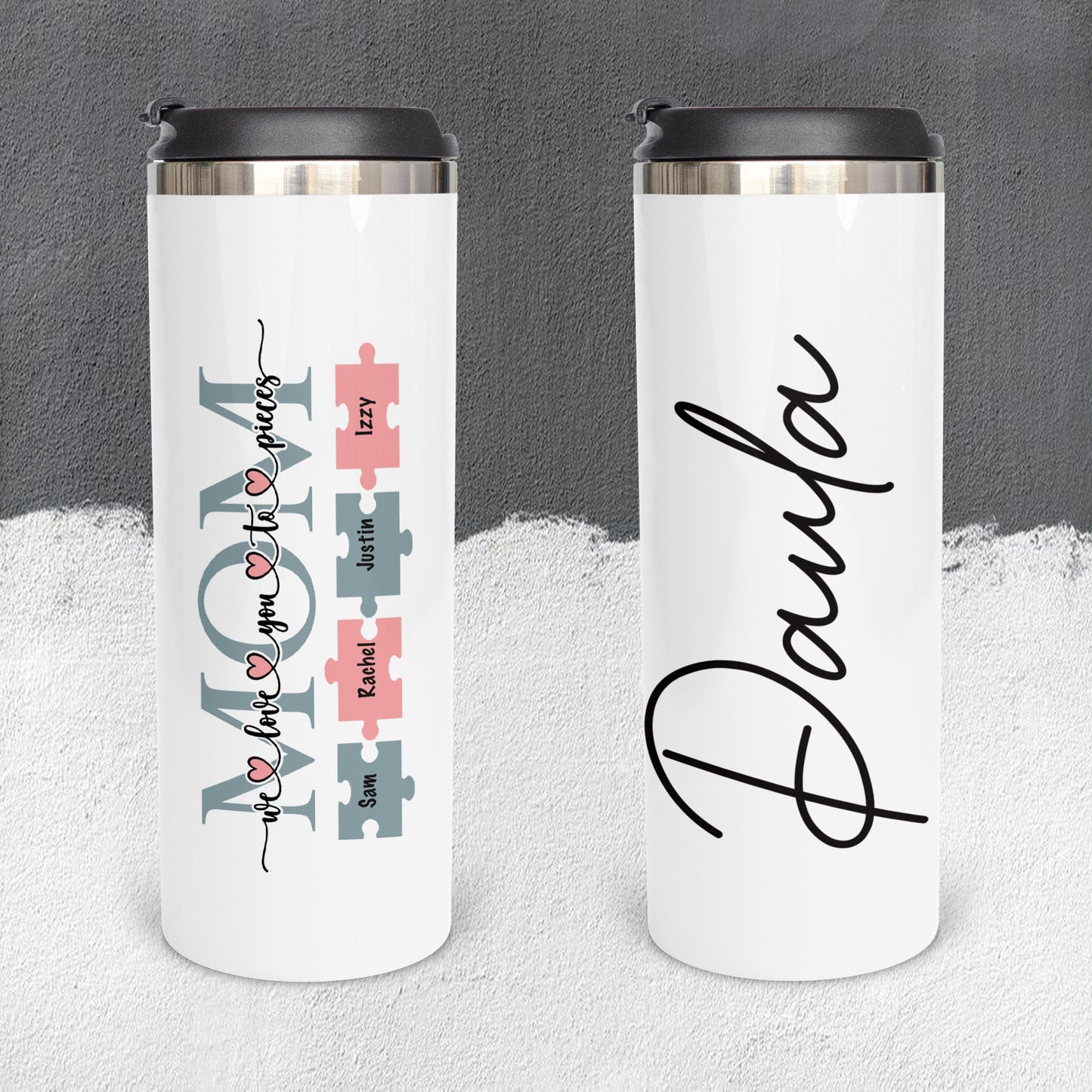 Personalized Mom with Kids' Names on Puzzle Pieces Tumbler - Sublimated