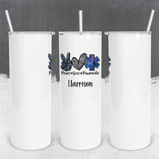 Personalized Peace Love Paramedic Tumbler - Sublimated