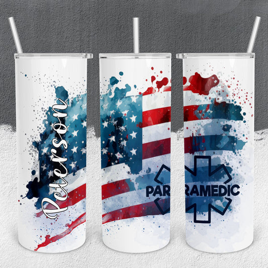 Personalized Paramedic Distressed American Flag Tumbler - Sublimated