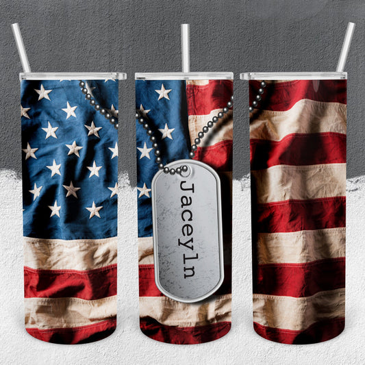 Personalized American Flag with Dog Tag Tumbler - Sublimated