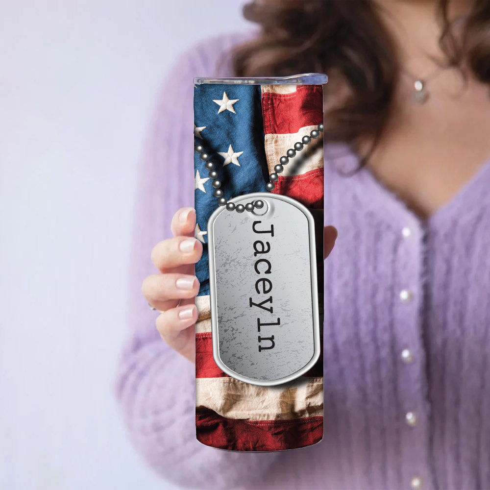 Personalized American Flag with Dog Tag Tumbler - Sublimated